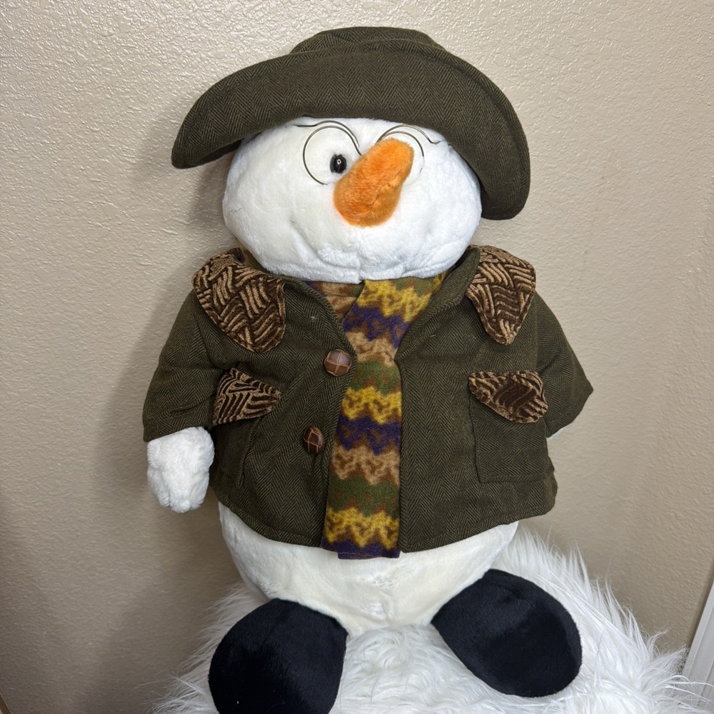Vintage 1990s Fine Toy Co Snowman Plush 19" Glasses Tweed Christmas Decor